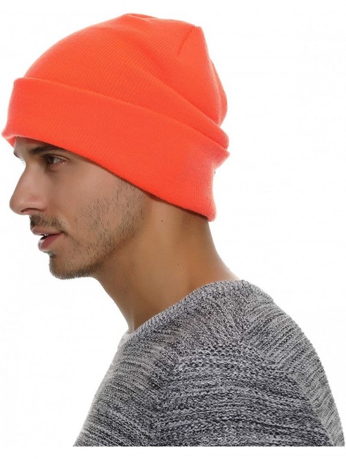 Skullies & Beanies Winter Warm Knit Cuff Beanie - Skull Cap Ski Cap - Daily Beanie for Men & Women - Neon Orange - C118IK2HU2...