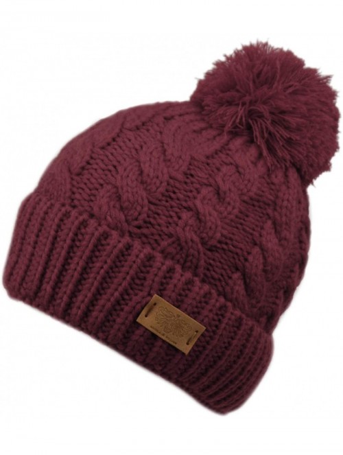Skullies & Beanies Winter Oversized Cable Knitted Pom Pom Beanie Hat with Fleece Lining. - Burgundy - C218L9TDZO6 $15.62