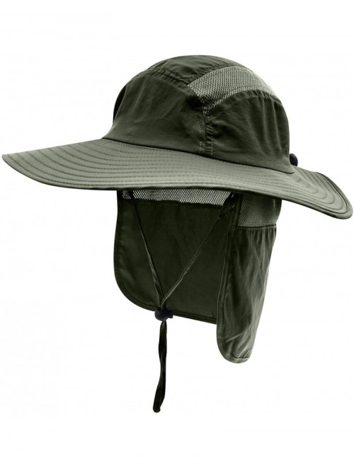 Sun Hats Mens UPF 50+ Sun Protection Cap Wide Brim Fishing Hat with Neck Flap - Army Green - CQ12G1133W5 $18.89