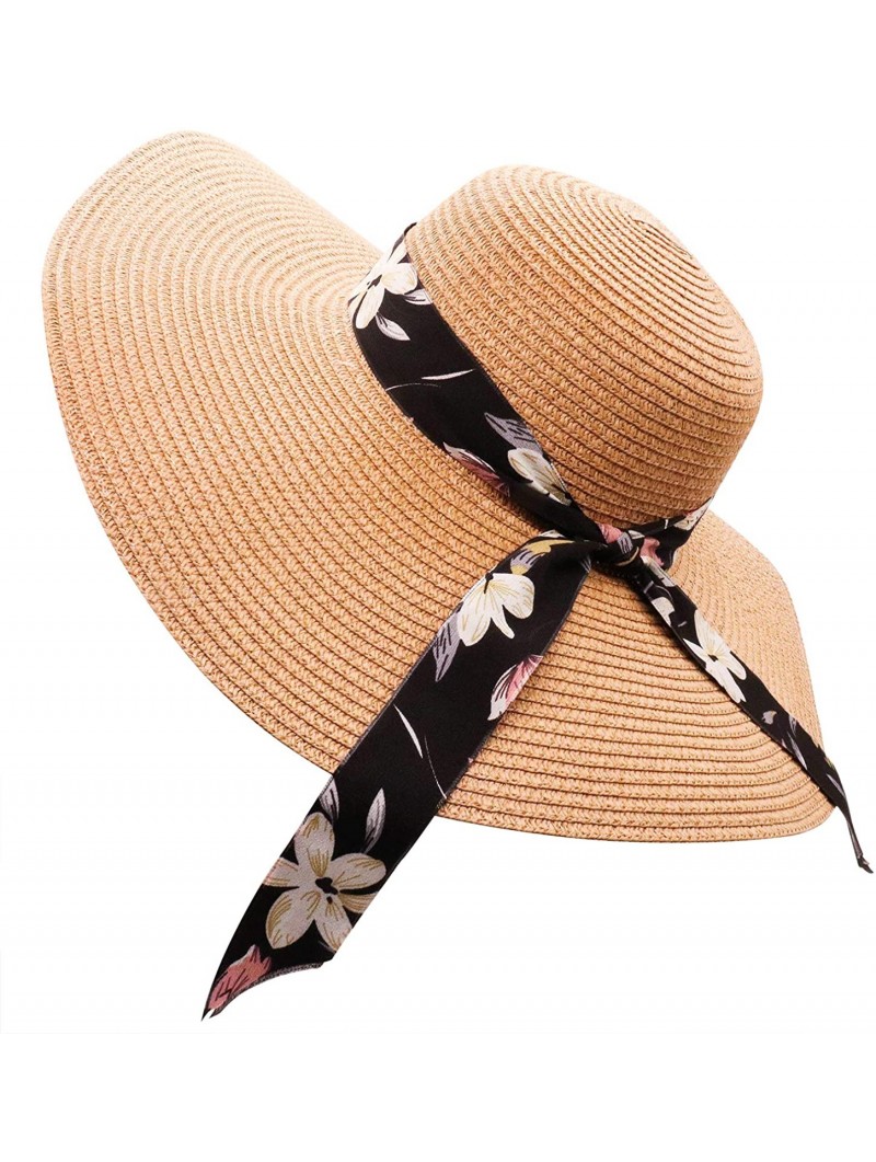 Sun Hats Women's Beach Floppy Straw Sun Hat Foldable Girls Wide Brim Hat Shell Tassel Bowknot UPF UV Cap - Bowknot Khaki - C5...