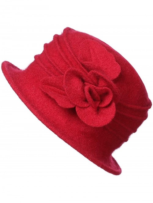 Fedoras Women's Elegant Flower 100% Wool Trimmed Wool Cloche Winter Hat - Red - CT18IWSWRD4 $15.50