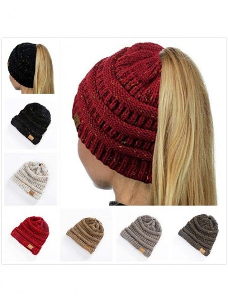 Skullies & Beanies Women Warm Baggy High Bun Ponytail Crochet Knit Artificial Wool Winter Ski Beanie Skull Caps Hat - White -...