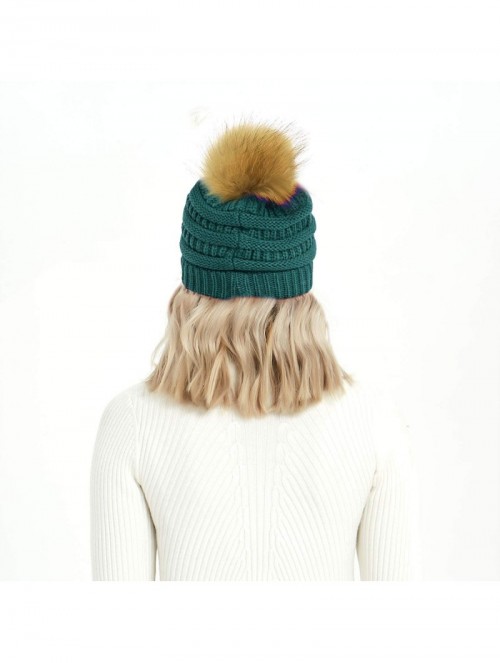 Skullies & Beanies Cable Knit Pom Pom Beanie Womens Winter Warm Faux Fur Pompoms Bobble Ski Hat Cap - Teal Blue - C618Y49DY30...