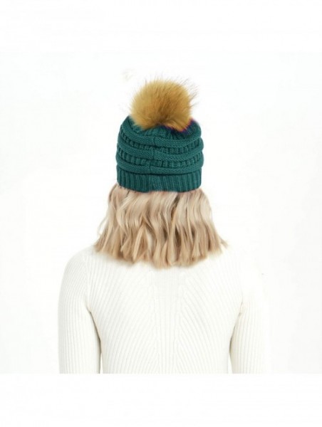 Skullies & Beanies Cable Knit Pom Pom Beanie Womens Winter Warm Faux Fur Pompoms Bobble Ski Hat Cap - Teal Blue - C618Y49DY30...