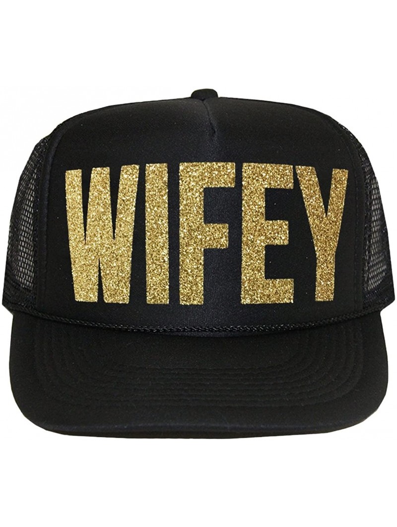 Baseball Caps Wifey Trucker Hat (Black and Glitter Gold) - CS12NA0RP2G $25.27