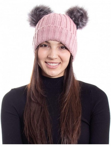 Skullies & Beanies Women's Winter Knitted Faux Fur Double Pom Pom Beanie Hat w/Lush Lining - Pink Hat Black Grey Ball - C818K...