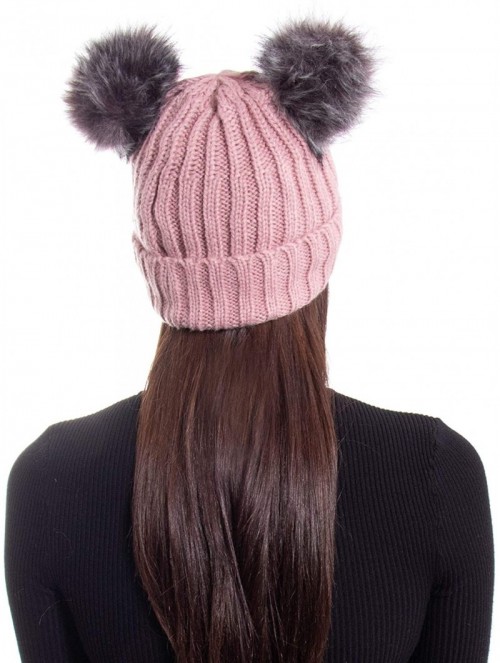 Skullies & Beanies Women's Winter Knitted Faux Fur Double Pom Pom Beanie Hat w/Lush Lining - Pink Hat Black Grey Ball - C818K...