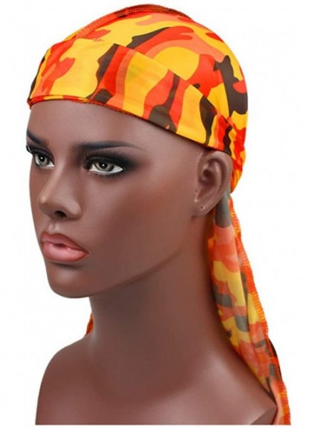 Skullies & Beanies Silky Durag for Men and Women- Star Floral Camouflage Print Long Tail Caps Headwraps Turban - Orange - CJ1...