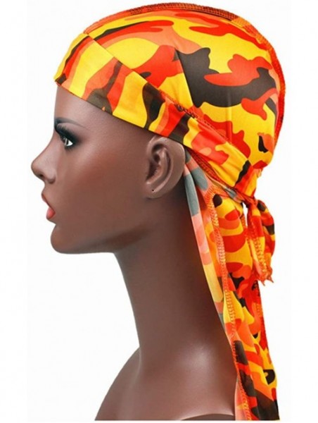 Skullies & Beanies Silky Durag for Men and Women- Star Floral Camouflage Print Long Tail Caps Headwraps Turban - Orange - CJ1...