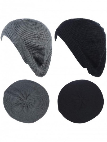 Berets Chic French Style Lightweight Soft Slouchy Knit Beret Beanie Hat in Solid - 2-pack Dk.gray & Black - C518LCE47X0 $20.04