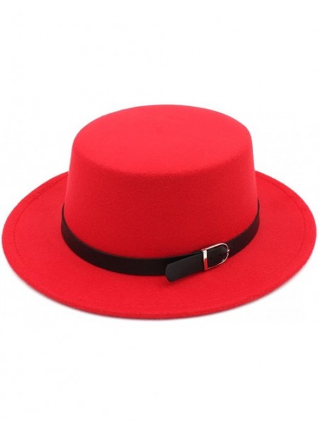 Fedoras Women Wool Blend Boater Hat Sailor Flat Top Bowler Cap Belt Buckle Band - Red - C3184X59HSG $14.29