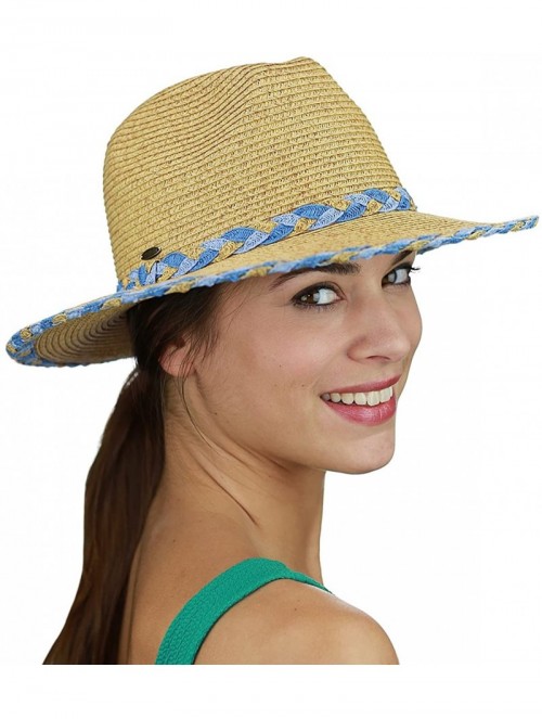 Sun Hats Two Tone Braided Trim Paper Woven Panama Fedora Summer Sun Hat - Natural/Denim - C717YK8WC6C $9.85