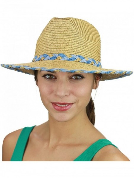 Sun Hats Two Tone Braided Trim Paper Woven Panama Fedora Summer Sun Hat - Natural/Denim - C717YK8WC6C $9.85