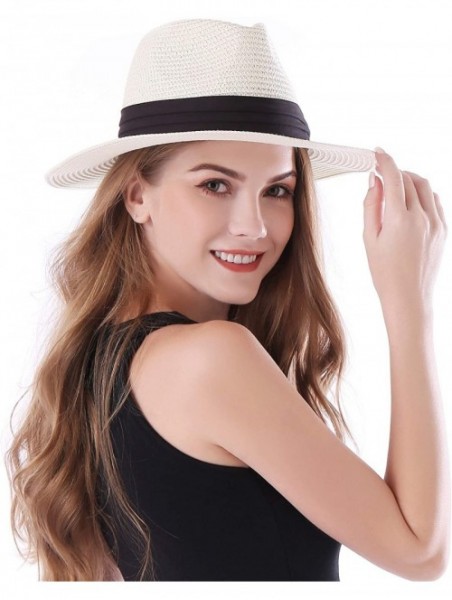 Sun Hats Women Panama Straw Sun Hat Foldable Wide Brim Fedora Beach Sun Caps - White - C618E6C6SR3 $11.56