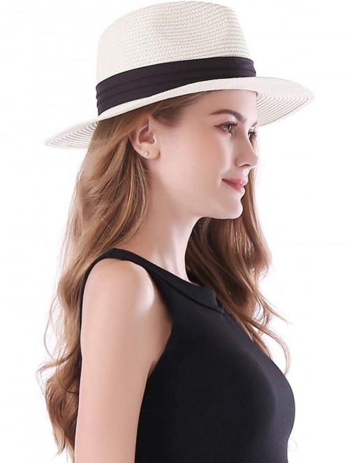 Sun Hats Women Panama Straw Sun Hat Foldable Wide Brim Fedora Beach Sun Caps - White - C618E6C6SR3 $11.56