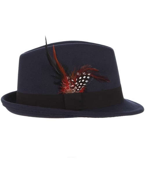 Fedoras Men's Warm Woolen Crushable Feather Gangster Trilby Dent Fedora Hat - Navy Blue - CL187CG9L0X $11.90