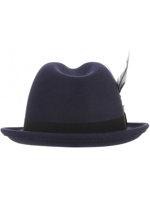 Fedoras Men's Warm Woolen Crushable Feather Gangster Trilby Dent Fedora Hat - Navy Blue - CL187CG9L0X $11.90