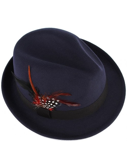 Fedoras Men's Warm Woolen Crushable Feather Gangster Trilby Dent Fedora Hat - Navy Blue - CL187CG9L0X $11.90