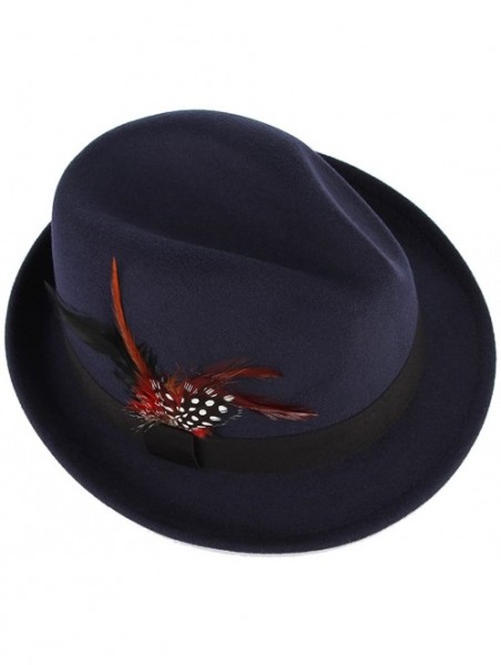 Fedoras Men's Warm Woolen Crushable Feather Gangster Trilby Dent Fedora Hat - Navy Blue - CL187CG9L0X $11.90