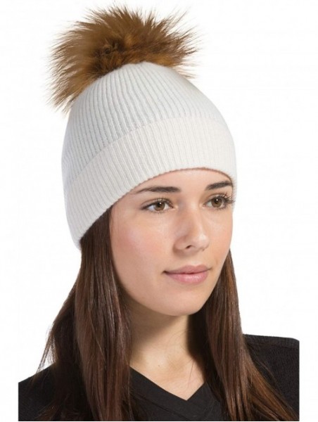 Skullies & Beanies Women's 100% Cashmere Beanie Hat with Pom - Cream - CO18WUSLYKY $48.01