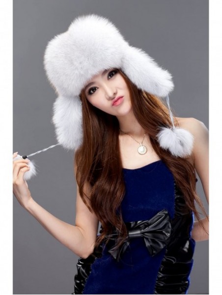 Bomber Hats Womens Fox Fur Russian Ushanka Trapper Hat with Pom Poms - Fabric & Blue Fox Natural Color - CR11D2ZDI5B $55.59