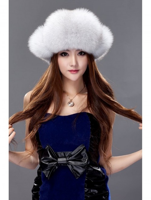 Bomber Hats Womens Fox Fur Russian Ushanka Trapper Hat with Pom Poms - Fabric & Blue Fox Natural Color - CR11D2ZDI5B $55.59