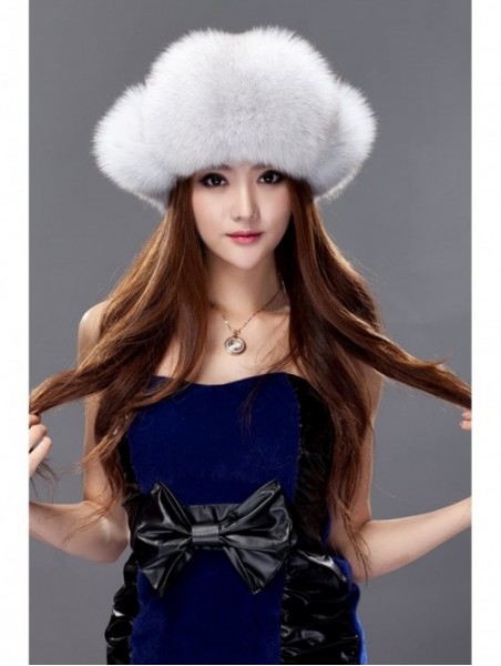 Bomber Hats Womens Fox Fur Russian Ushanka Trapper Hat with Pom Poms - Fabric & Blue Fox Natural Color - CR11D2ZDI5B $55.59