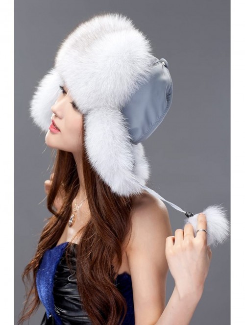 Bomber Hats Womens Fox Fur Russian Ushanka Trapper Hat with Pom Poms - Fabric & Blue Fox Natural Color - CR11D2ZDI5B $55.59