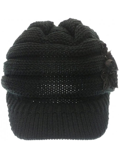 Skullies & Beanies Women's Knit Newsboy Hat with Satin Flower - Black - CE11OLQIQHZ $16.91