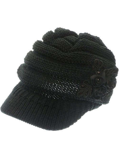 Skullies & Beanies Women's Knit Newsboy Hat with Satin Flower - Black - CE11OLQIQHZ $16.91