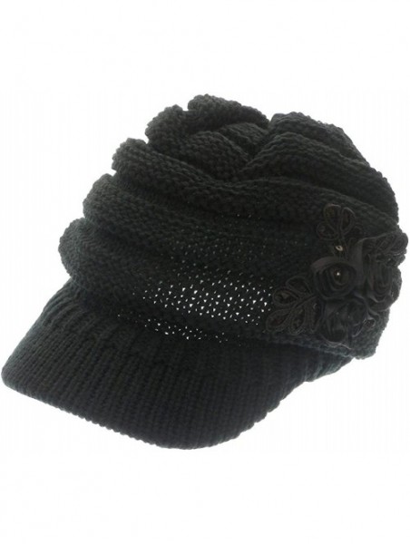 Skullies & Beanies Women's Knit Newsboy Hat with Satin Flower - Black - CE11OLQIQHZ $16.91