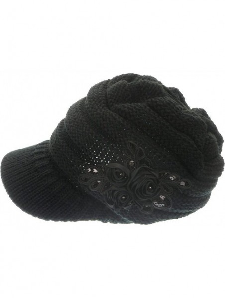 Skullies & Beanies Women's Knit Newsboy Hat with Satin Flower - Black - CE11OLQIQHZ $16.91