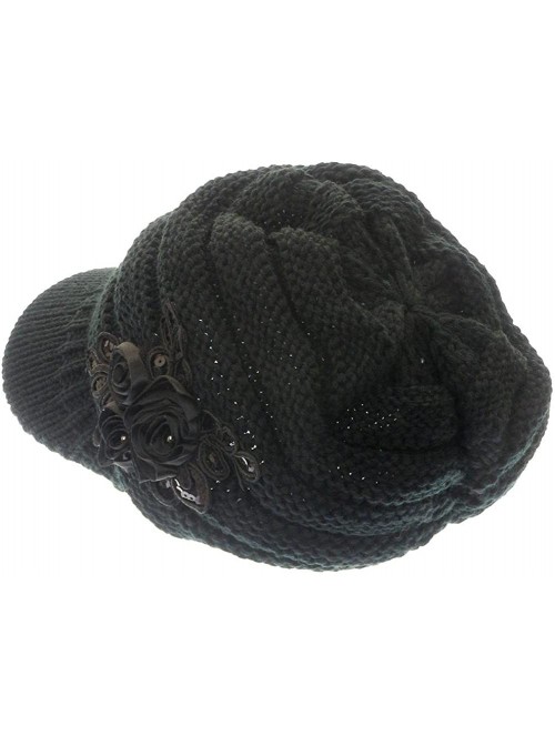 Skullies & Beanies Women's Knit Newsboy Hat with Satin Flower - Black - CE11OLQIQHZ $16.91