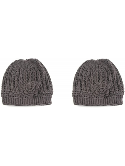 Skullies & Beanies Winter Knit Flower Beanie Hat 333HB - 2 Pcs Gray & Gray - CH122Q1N0H7 $15.85