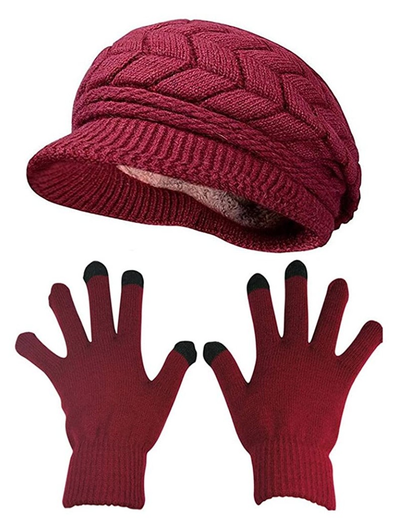Newsboy Caps Winter Hats Gloves for Women Knit Warm Snow Ski Outdoor Caps Touch Screen Mittens - Hat and Gloves (Burgundy) - ...