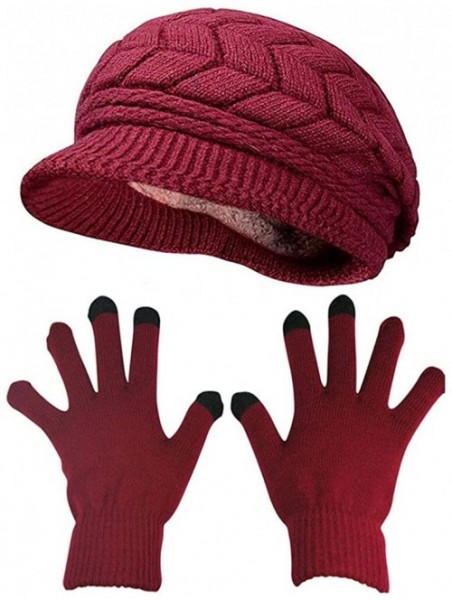 Newsboy Caps Winter Hats Gloves for Women Knit Warm Snow Ski Outdoor Caps Touch Screen Mittens - Hat and Gloves (Burgundy) - ...