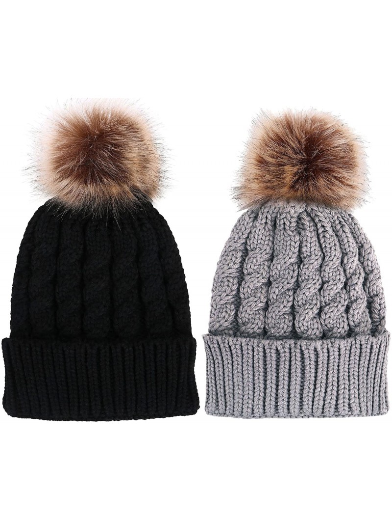 Skullies & Beanies Women's Winter Soft Chunky Cable Knit Pom Pom Beanie Hats Skull Ski Cap - 2pack_black/Grey - CS188AMZTC5 $...