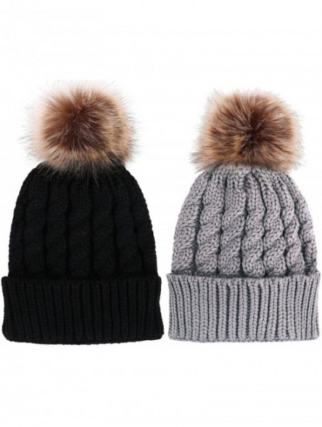 Skullies & Beanies Women's Winter Soft Chunky Cable Knit Pom Pom Beanie Hats Skull Ski Cap - 2pack_black/Grey - CS188AMZTC5 $...