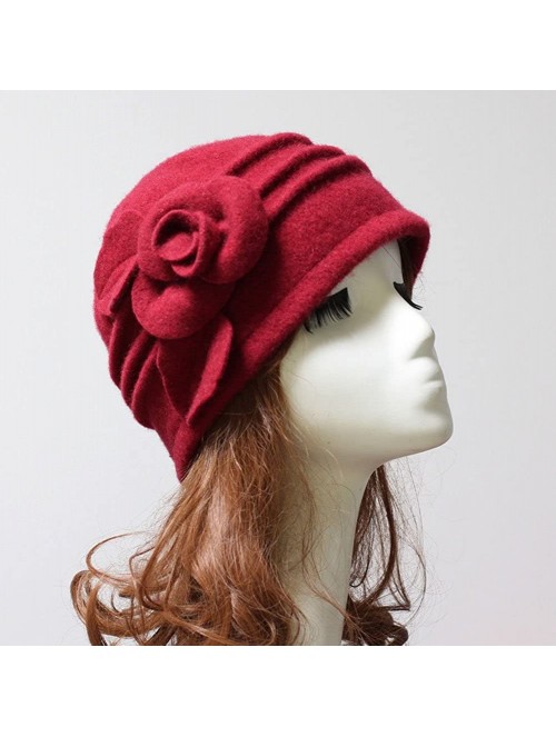 Fedoras Women 100% Wool Solid Color Round Top Cloche Beret Cap Flower Fedora Hat - 4 Grey - CA186WYT95W $19.58
