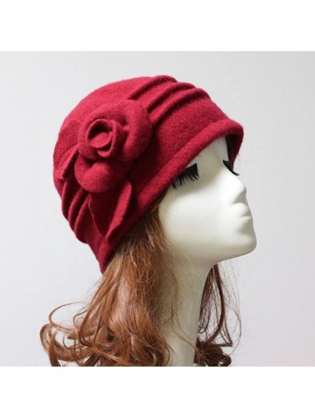 Fedoras Women 100% Wool Solid Color Round Top Cloche Beret Cap Flower Fedora Hat - 4 Grey - CA186WYT95W $19.58