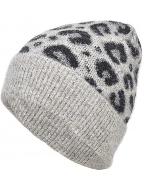 Skullies & Beanies Women Soft Knit Cuff Beanie Hat with Leopard Pattern Warm Winter Knit Beanie Skull Cap Knitting Hat - Grey...