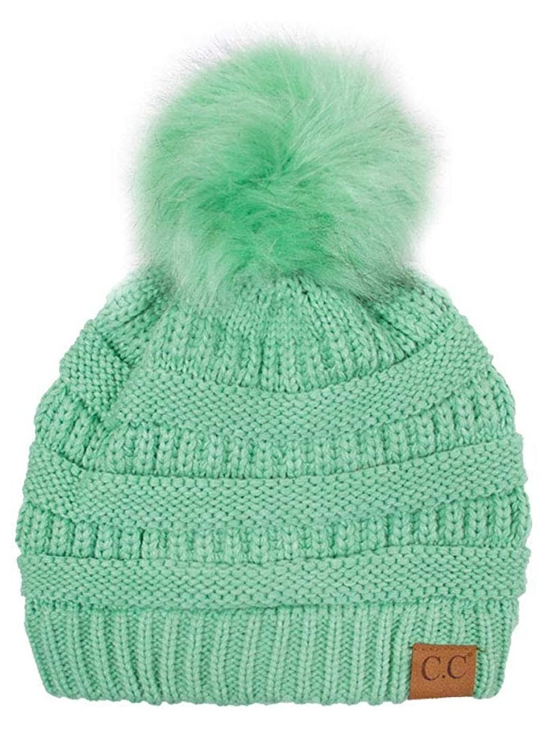 Skullies & Beanies Exclusive Soft Stretch Cable Knit Faux Fur Pom Pom Beanie Hat - Sage - CF12N1JOH8H $15.78