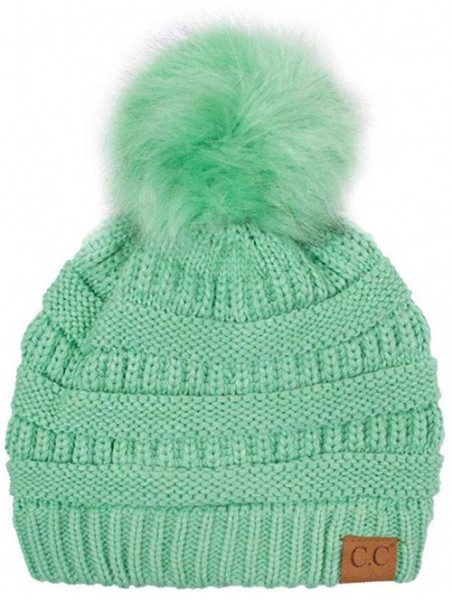 Skullies & Beanies Exclusive Soft Stretch Cable Knit Faux Fur Pom Pom Beanie Hat - Sage - CF12N1JOH8H $15.78