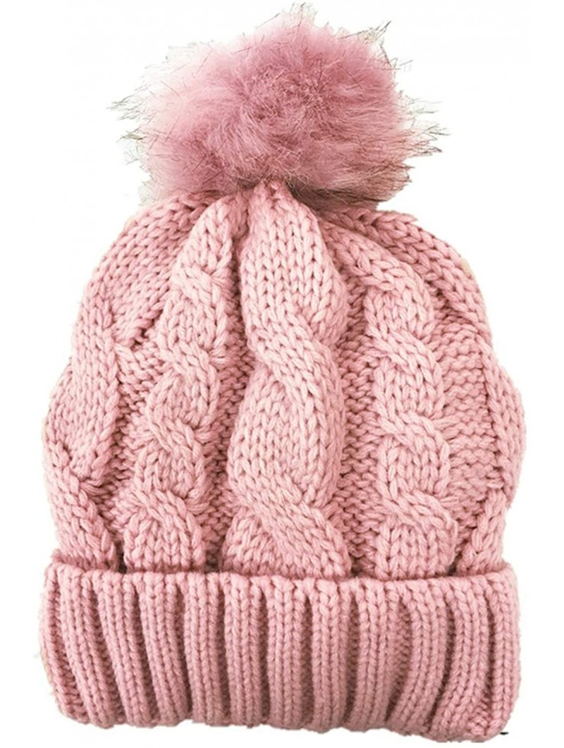 Skullies & Beanies Women's Warm Chunky Cable Knit Soft Faux Fur Pom Pom Shimmer Sequin Sparkle Winter Beanie Bobble Hat - CE1...