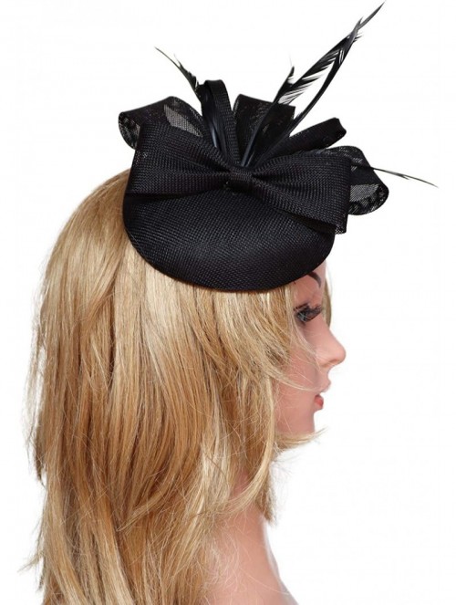 Berets Womens Fascinator Hat Sinamay Pillbox Flower Feather Tea Party Derby Wedding Headwear - A Black - CY18ANZM26C $13.32