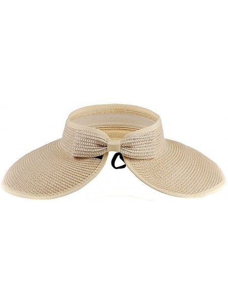 Visors Women Wide Brim Roll-up Striped/Ribbe Straw Sun Visor Packable Summer Beach Hat Bucket Pool Cap - Beige - CV12OCRQH49 ...