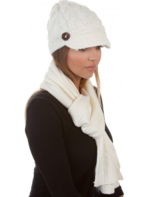 Skullies & Beanies Womens 2-piece Cable Knitted Visor Beanie Scarf and Hat Set with Button - Cream - CI117BB6FZH $24.22