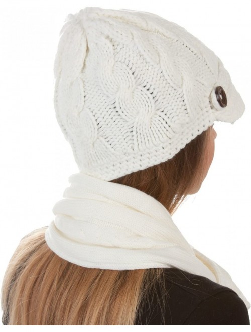 Skullies & Beanies Womens 2-piece Cable Knitted Visor Beanie Scarf and Hat Set with Button - Cream - CI117BB6FZH $24.22