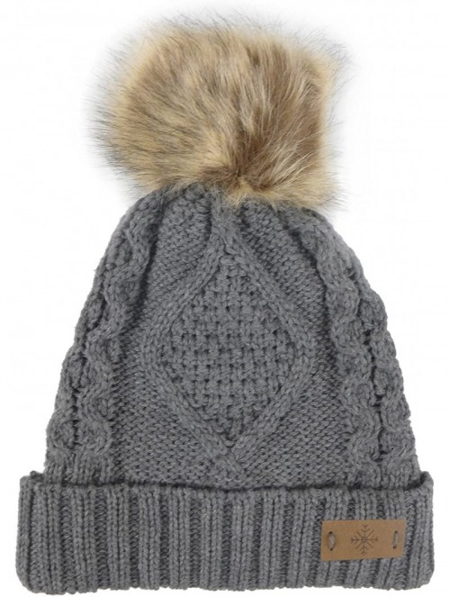 Skullies & Beanies Women's Fleece Lined Knitted Slouchy Faux Fur Pom Pom Cable Beanie Cap Hat - Charcoal Grey - C518725I5I5 $...