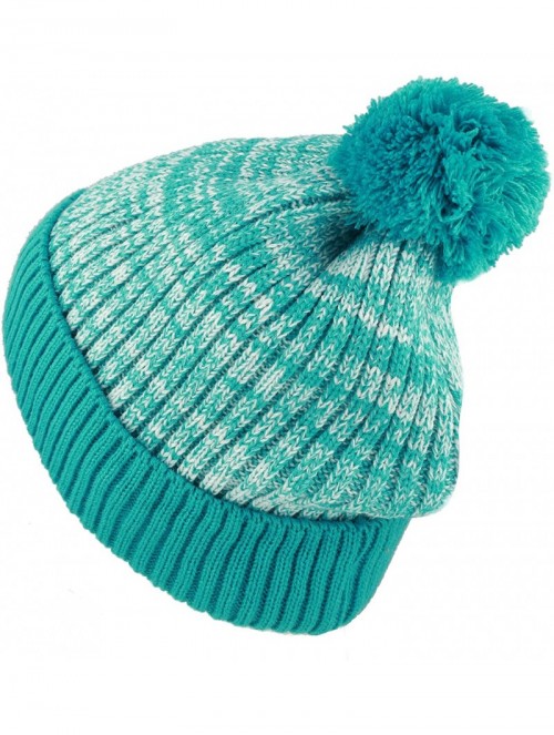 Skullies & Beanies Exclusive Ribbed Knit Warm Fuzzy Thick Fleece Lined Winter Skull Beanie - Turquoise With Pom - CX18KDIQ0C8...